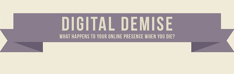 Banner with the title 'DIGITAL DEMISE' and subtitle 'WHAT HAPPENS TO YOUR ONLINE PRESENCE WHEN YOU DIE?' on a purple ribbon against a light beige background.