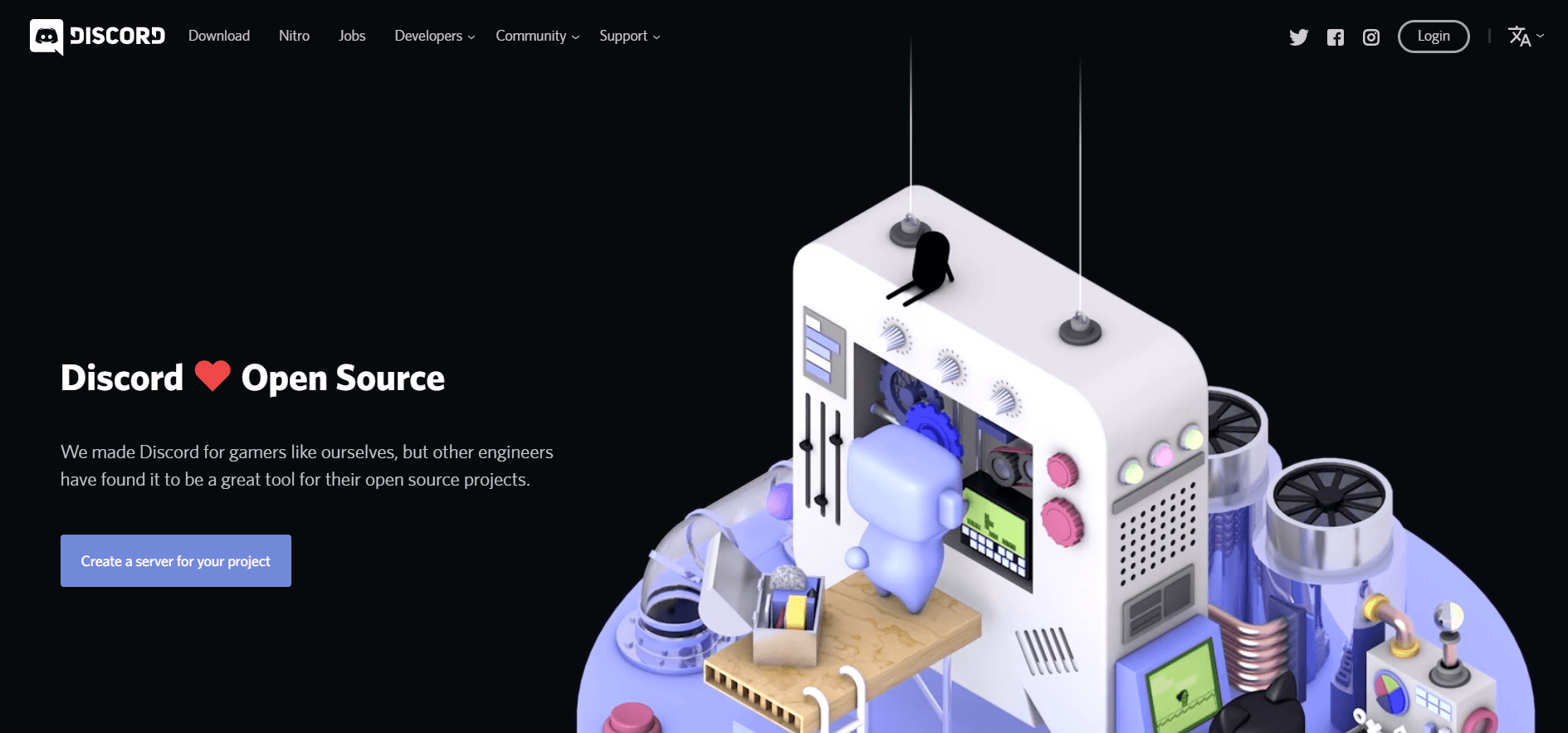 A colorful and whimsical illustration of a character working on a large, playful machine with dials, screens, and levers, symbolizing Discord's support for open source projects.