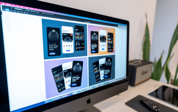 A computer monitor displaying a design interface with various smartphone app screens.