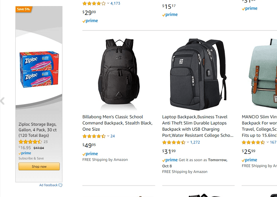 A display ad sits to the left of three products on Amazon