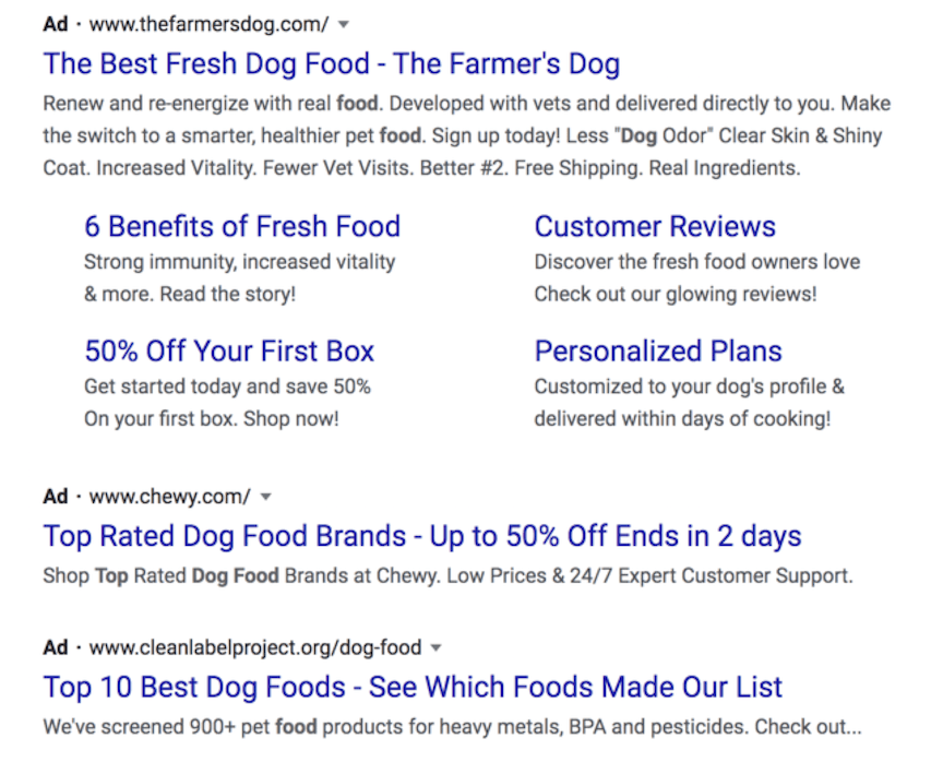 PPC ads for dog food in Google search