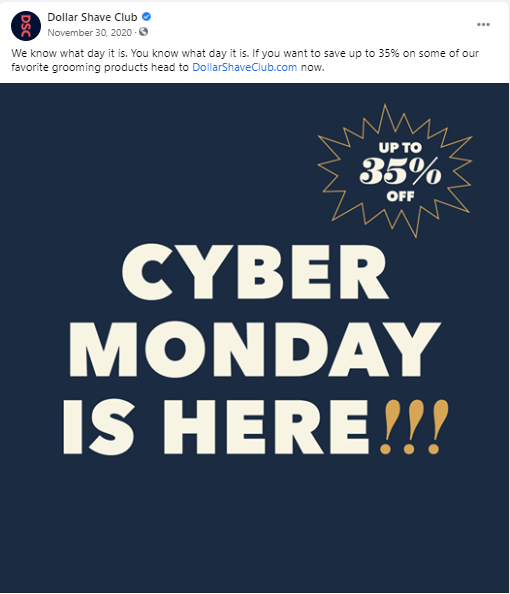 Dollar Shave Club social media post about Cyber Monday sale