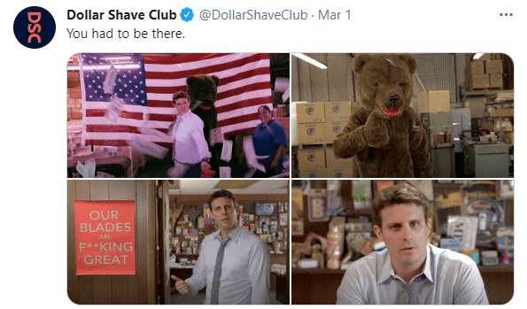 Tweet sent out by Dollar Shave Club referencing past promotional media. 