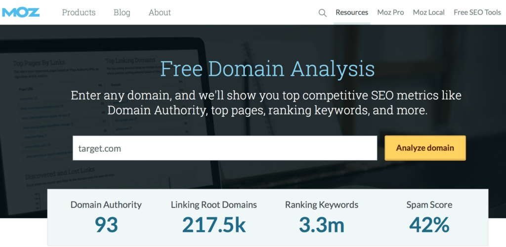 MOZ webpage offering Free Domain Analysis with metrics for 'target.com' including Domain Authority of 93, Linking Root Domains of 217.5k, Ranking Keywords of 3.3m, and Spam Score of 42%, with an 'Analyze domain' button.