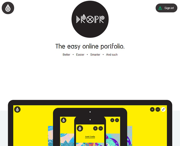 Logo and tagline for an online portfolio platform, showcasing a responsive website design across a desktop, tablet, and smartphone with a colorful user interface.