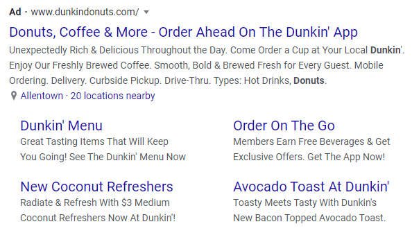 PPC ad with ad extensions from Dunkin'