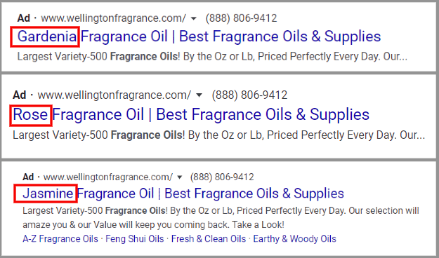 Screenshot of search engine ads for Wellington Fragrance Company featuring Gardenia, Rose, and Jasmine fragrance oils, highlighting the variety and pricing of the products.