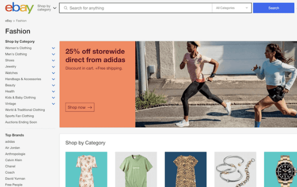 Screenshot of eBay's fashion category webpage with a promotional banner for a 25% off adidas sale, featuring two people running, and sections for shopping by category and top brands.