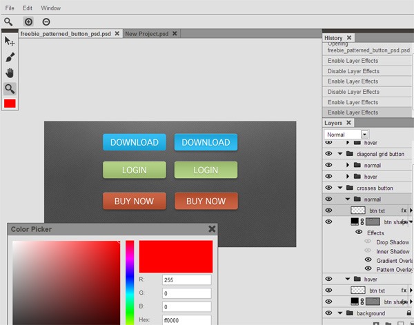 Screenshot of a graphic design software interface showing the creation of web buttons with various styles and states, layers panel, history panel, and color picker dialog with red color selected.