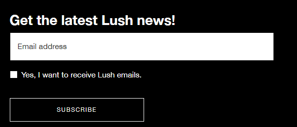 Lush cosmetics email sign up bar on their website