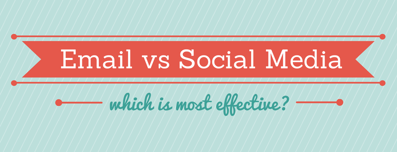 Banner with the text 'Email vs Social Media - which is most effective?' with a red arrow graphic and decorative dots on a teal striped background.