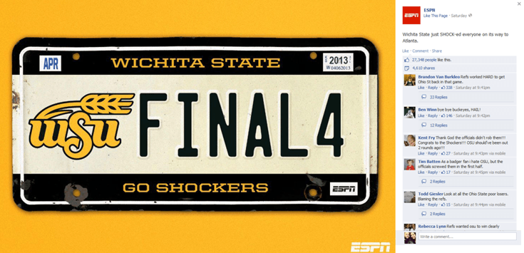 A novelty license plate with 'WICHITA STATE' at the top, 'FINAL 4' in large letters in the center with the Wichita State University logo, and 'GO SHOCKERS' at the bottom. The plate has an APR sticker on the left and a 2013 sticker on the right.