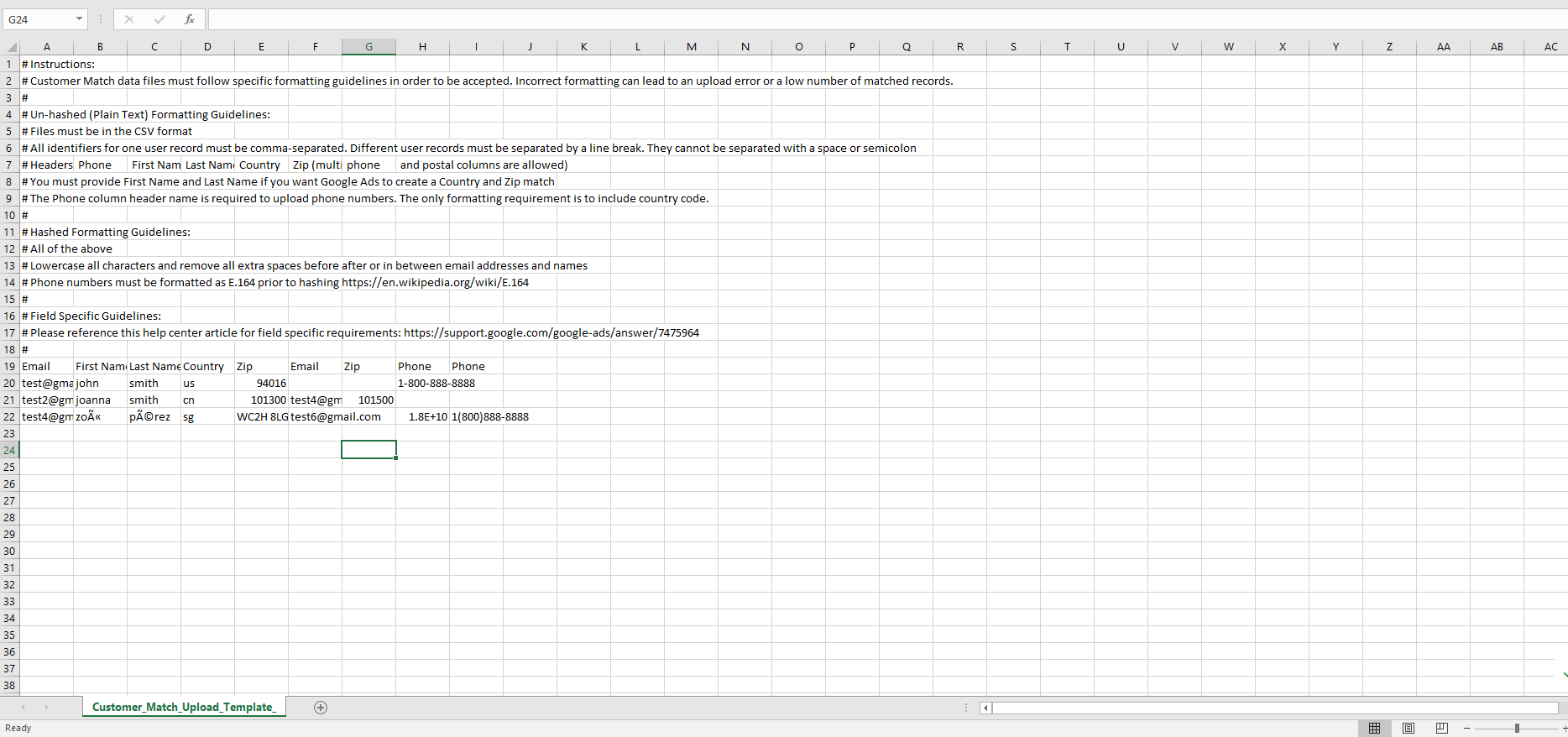 A spreadsheet template from Google to help upload data for customer match