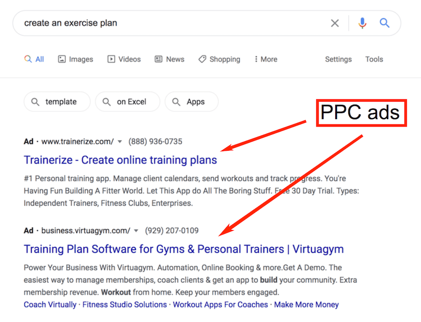 Google PPC search ads for exercise plan search query