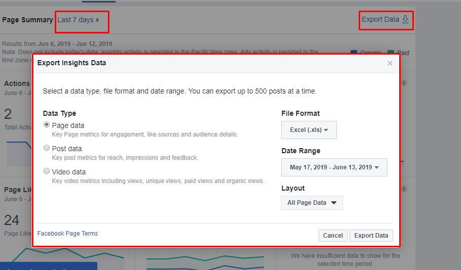 Export options inside of Facebook Analytics 'Insights'