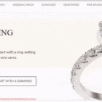 Screenshot of James Allen's 'Design Your Own Engagement Ring' webpage with options to start with a setting or a diamond and an image of an engagement ring.