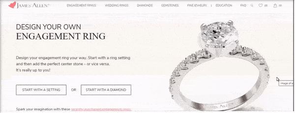 Screenshot of James Allen's 'Design Your Own Engagement Ring' webpage with options to start with a setting or a diamond and an image of an engagement ring.