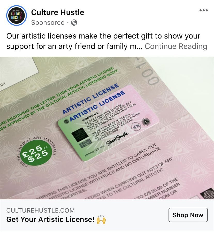 Facebook ad from the brand Culture Hustle