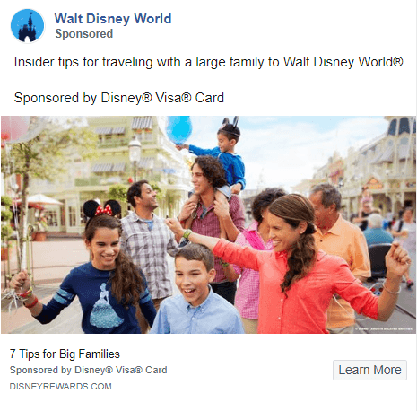 A Facebook ad example from Walt Disney World