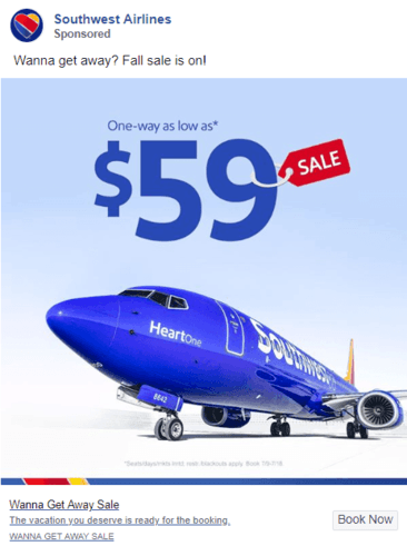 A Facebook ad example from Southwest Airlines