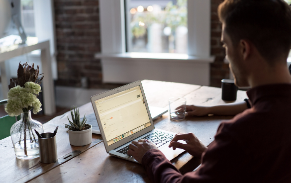 Person working on a laptop with an email inbox on the screen, sitting at a wooden table with a vase of flowers, a potted plant, a glass of water, and a mug, in a cozy room with natural light.