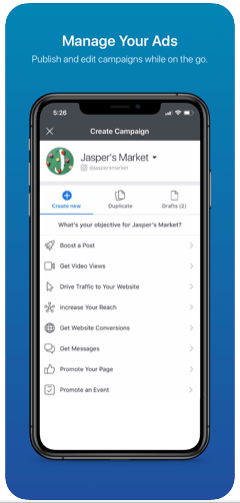 Facebook Ads Manager account on mobile device