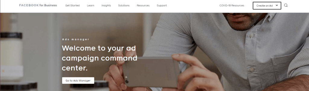 Facebook Ads Manager landing page