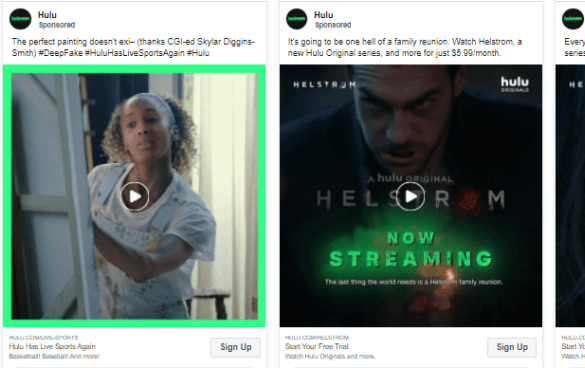 Left: Hulu ad featuring a young girl with a play button for video content, mentioning Skylar Diggins-Smith and sports hashtags. Right: Hulu Original series 'Helstrom' ad with a man's face and 'Now Streaming' text.