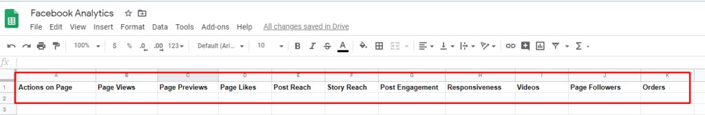 Create metric headings in the first row of your Google Sheet spreadsheets