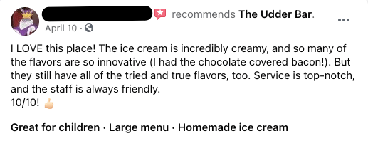 Person leaving a review for a local ice cream place