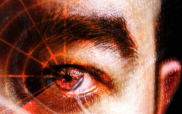 Close-up of a human eye with digital binary code and network patterns overlaid, symbolizing a connection between technology and vision.