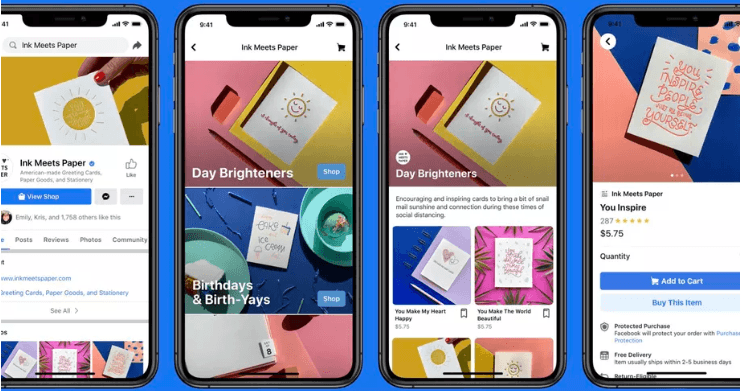 Four smartphone screens displaying the 'Ink Meets Paper' online store interface with greeting cards for sale, including homepage, categories, and product pages with prices and shopping options.