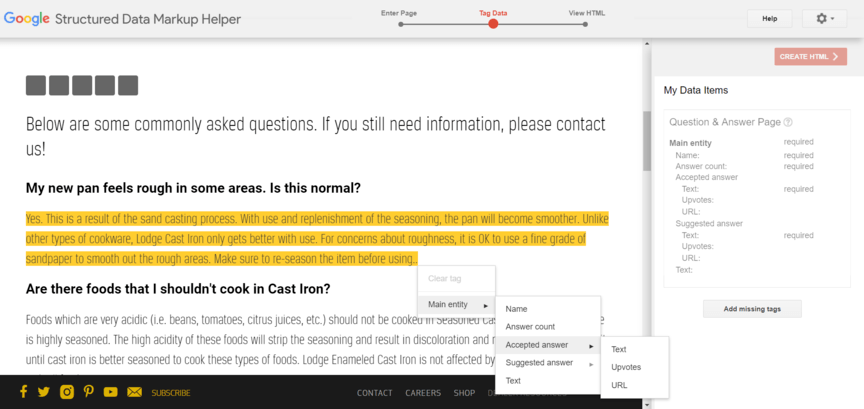 A screenshot of Google's FAQ structured data markup helper