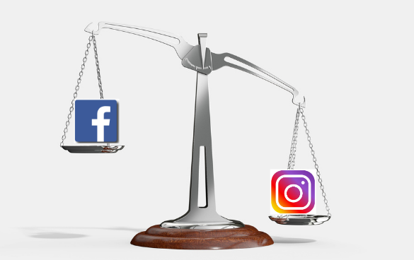 A balance scale with the Facebook logo on the left pan and the Instagram logo on the right pan, both pans are evenly balanced.