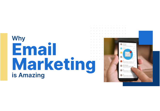 Graphic with text 'Why Email Marketing is Amazing' beside an image of a hand holding a smartphone displaying an email interface with a pie chart.