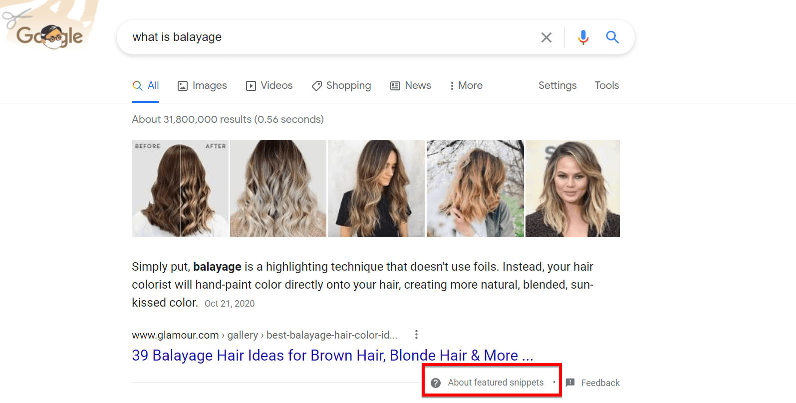 Featured snippet for balayage highlights on Google