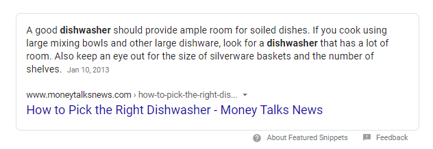featured snippet dishwasher