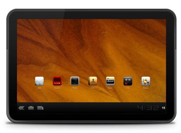 A tablet displaying its home screen with a stone texture wallpaper and six app icons including Mail, YouTube, Music, City, Market, and Time, along with a separate Movie icon. Navigation buttons and a digital clock are visible at the bottom.