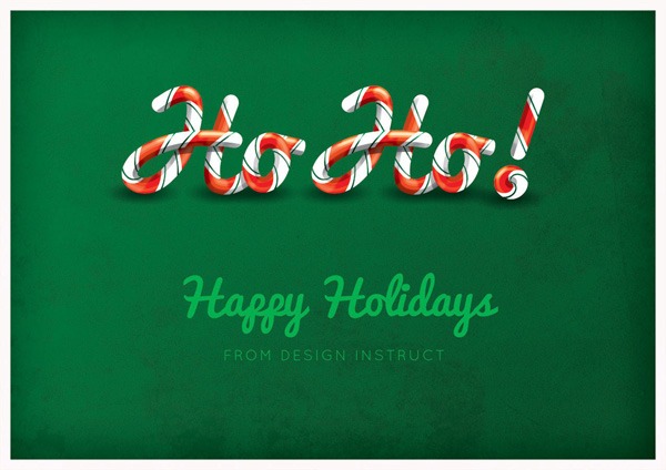 Stylized 'Ho Ho Ho!' text designed to resemble intertwined candy canes on a green background with a 'Happy Holidays FROM DESIGN INSTRUCT' message below.