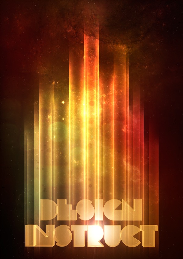 Stylized text 'DESIGN INSTRUCT' in a sleek font, overlaid on a cosmic background with vertical beams of light in warm colors.