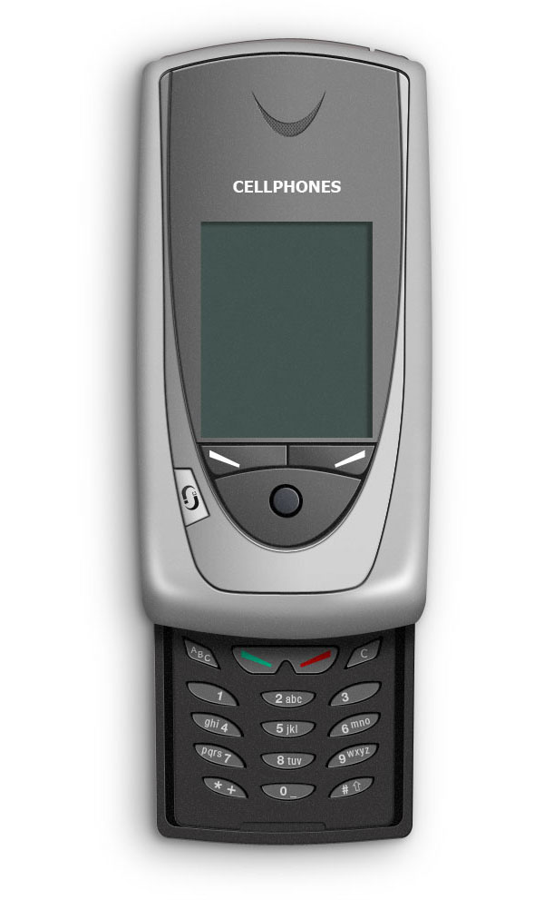 A classic cell phone with a numeric keypad, navigation button, small screen with the placeholder text 'CELLPHONES' above it, and call and end call buttons.