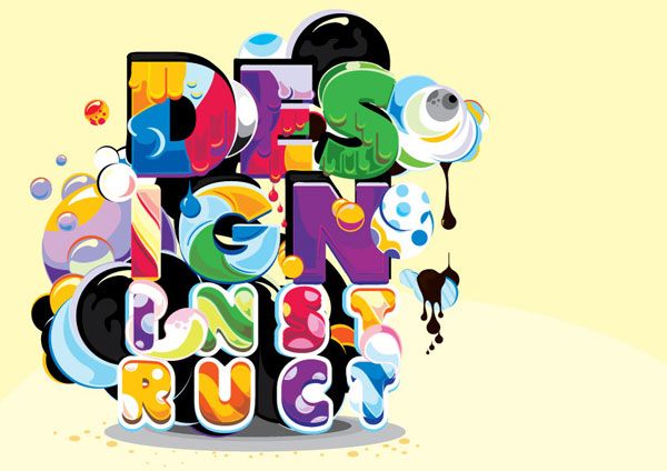 A vibrant and abstract artistic depiction of the word 'DESIGN' with each letter uniquely styled in various colors and patterns on a light yellow background.