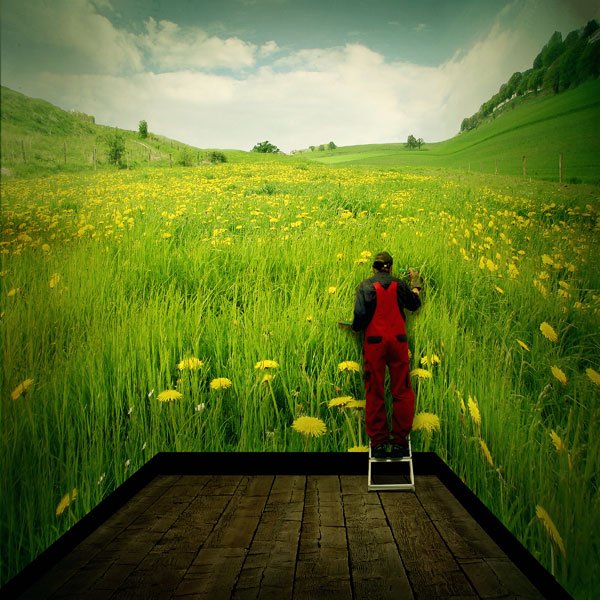 A person in a red jumpsuit and black top stands on a step ladder in the middle of a green field with yellow flowers, appearing to interact with the landscape as if it were a canvas, under a partly cloudy sky, with a dark wooden floor in the foreground.