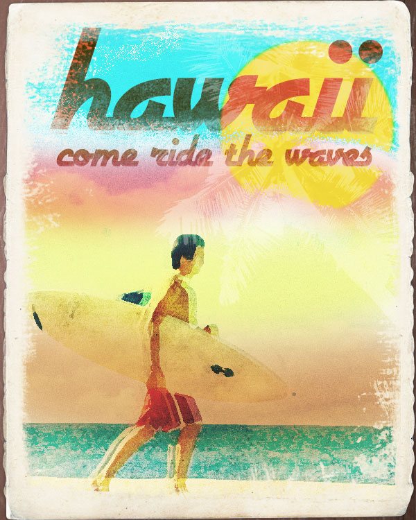 A retro Hawaii travel poster with a silhouette of a person carrying a surfboard on a beach at sunset, with text 'Hawaii come ride the waves'.