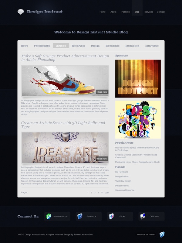 Screenshot of Design Instruct Studio Blog featuring articles on graphic design tutorials, social media sharing buttons, and site navigation links.