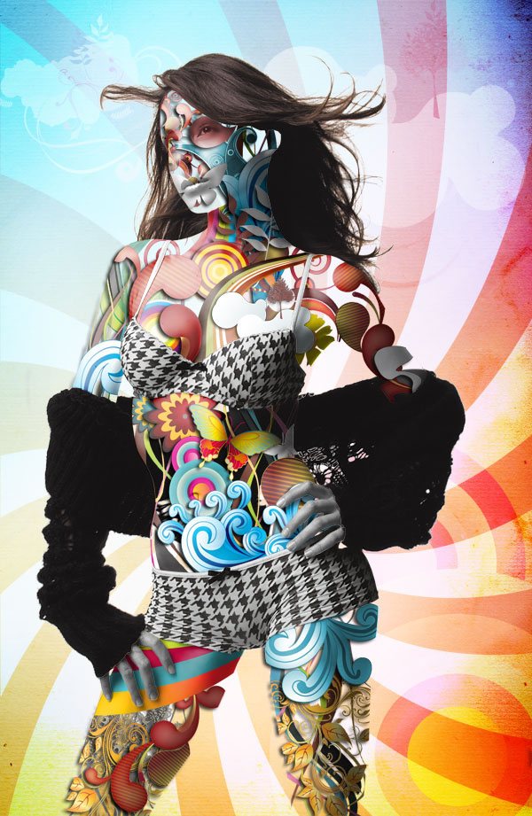 A digital artwork of a person with a colorful and intricate pattern covering their body, set against a soft pastel background with abstract shapes.