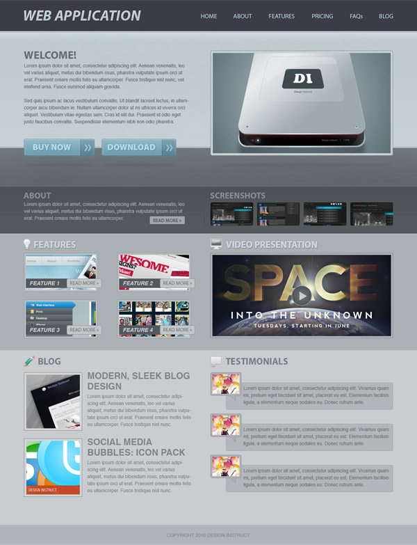 Mockup of a web application homepage with navigation bar, welcome section with product image, about, features, screenshots, video presentation, blog posts, and testimonials sections in a modern design.