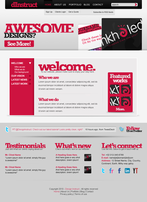 Mockup of Dinstruct website design featuring navigation menu, welcome section, company introduction, featured works, Twitter feed, testimonials, news section, social media links, and footer with copyright and additional links.