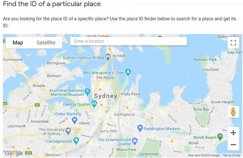 A gif showing how to find the ID of a particular place in Google Maps