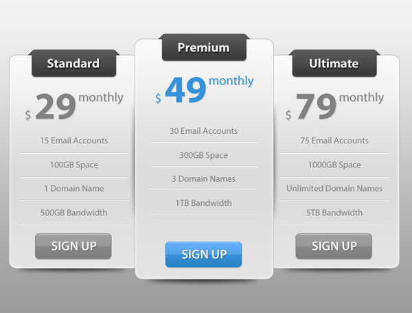 Pricing table with three hosting plans. Standard plan: $29/month with 15 email accounts, 100GB space, 1 domain name, 500GB bandwidth. Premium plan: $49/month with 30 email accounts, 300GB space, 3 domain names, 1TB bandwidth. Ultimate plan: $79/month with 75 email accounts, 1000GB space, unlimited domain names, 5TB bandwidth. Each plan has a 'SIGN UP' button.